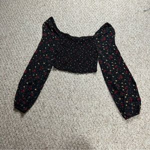 Aeropostale Balloon Sleeve Stretch Square Neck Black Floral Long Sleeve Shirt L